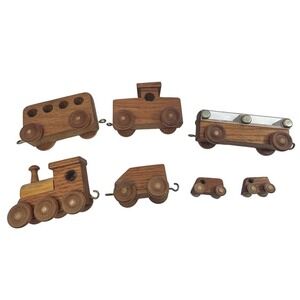 Wooden Train Set Toy - 7 Piece Vintage‎ Style Locomotive & Cars